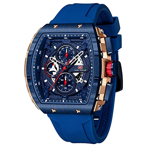 MF MINI FOCUS Men's Watch Fashion Tonneau Wrist Watches (Chronograph/Waterproof/Luminous/Calendar) Silicon Strap Quartz Watches for Men (Black & Golden)