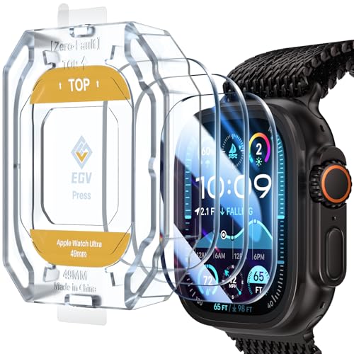 EGV 3 Pack for Apple Watch Ultra 3/Ultra 2/Ultra Screen Protector 49mm [Upgrade][Military Grade Protection] Top 9H+ HD Tempered Glass for iWatch Ultra 49mm with Auto-alignment Installation Frame
