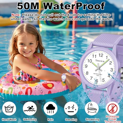 SOCICO Kids Analog Watch for Boys Girls, Easy to Read Learning Time Watch, 50M Waterproof, Soft Band Wristwatch for Ages 4-12, Great Gift for Children