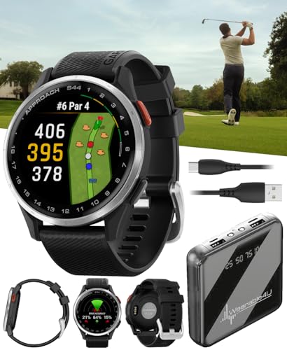 Garmin Approach S44 Golf GPS Smartwatch Silver Aluminum Bezel with Black Silicone Band with Wearable4U Power Bank Bundle