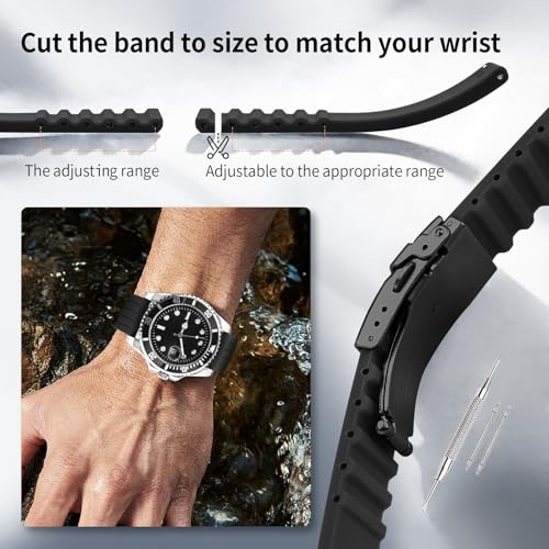 ULLCHRO Silicone Watch Strap Replacement Rubber Watch Band Waterproof Stripe Pattern - 16mm, 18mm, 20mm, 22mm, 24mm Watch Bracelet with Stainless Steel Deployment Black Buckle (22mm, Black02)