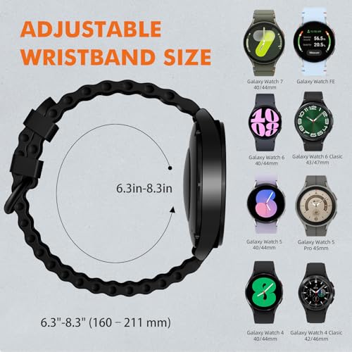 Sport Band for Samsung Galaxy Watch 7 5 4 6 FE 44mm 40mm/for Galaxy Watch 6/4 Classic 47mm 43mm 46mm 42mm/Watch 5 Pro 45mm, No Gap Breathable Soft Silicone Strap 20mm Replacement Men Women, Black