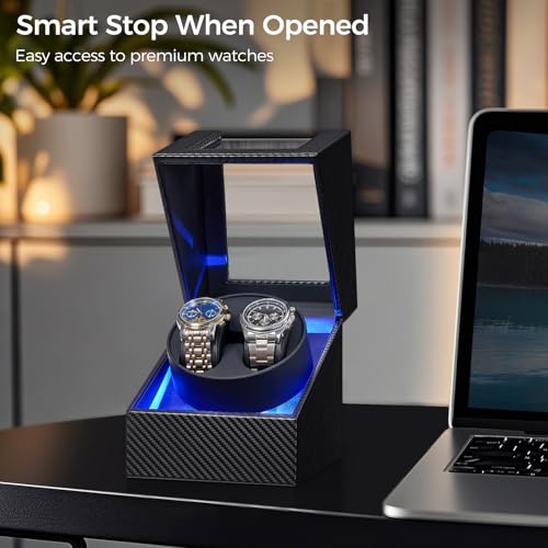 BEWISHOME Watch Winder for Automatic Watches, Double Watch Widner with Led Light 4 Modes, Automatic Watch Winder Box Watch Spinner with Japanese Quiet Motor Type-C Adapter or Battery Powered, SYQ02C