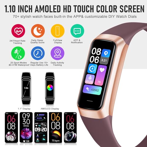 Bakoor Fitness Tracker, Fitness Watch with 24/7 Heart Rate Blood Oxygen Sleep Monitor, 1.10" AMOLED HD Touch Color Screen Step Counter, Activity Trackers Pedometer Health Smart Watch for Women Men