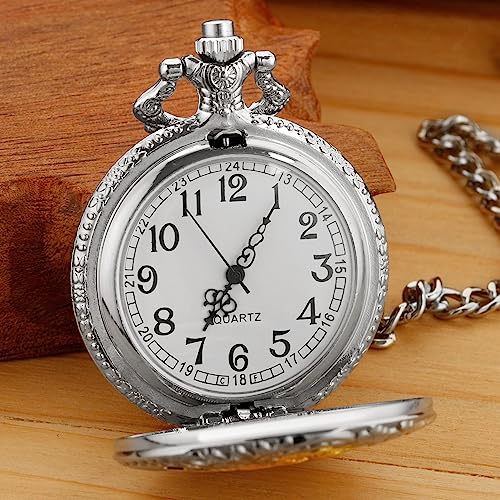 Realpoo Hollow Quartz Right Locomotive Sliver Gold Quartz Pocket Watch for Men,Arabic Numerals White Dial Pocket Watches with Chain for Men - Sliver Gold