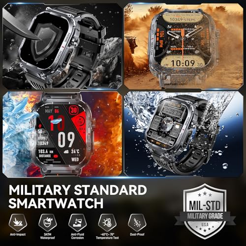 Bassizo Military Smart Watch for Men 3ATM Waterproof with Call/LED Flashlight 2.02" HD Big Screen Rugged Tactical Smartwatch with Compass Fitness Tracker with HR/SPO2/Sleep Monitor for iPhone Android
