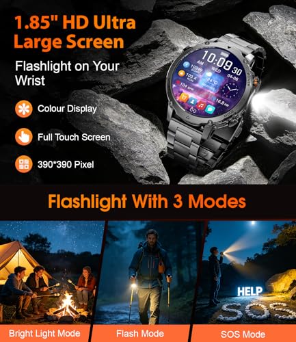 LIGE Military Smart Watch for Men, 1400mAh 60-Days Battery, 1.85" HD Smartwatch with LED Flashlight, 100+ Sports Mode, IP68 Waterproof, Pedometer, Fitness Watch for Android iOS