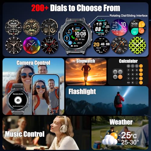 Military Smart Watch for Men Built-in GPS with LED Flashlight Compass, 1.43" AMOLED Display 5ATM Waterproof Fitness Tracker with Heart Rate/Sleep/Blood Oxygen, Watches for Android/iPhone, Black