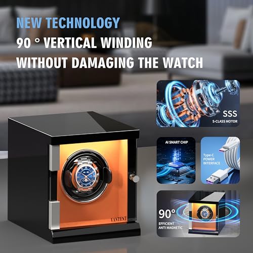 VANTENT Watch Winder for Automatic Watches with LED Lighting，Shining Finishing and Quiet Motor/1 Watch Position/Brown