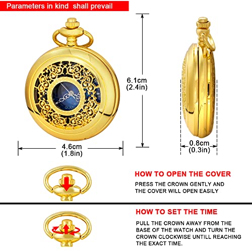 Tiong Luxury Gold Pocket Watch Hollow Blue Star Roman Numerals Quartz Pocket Watches with Chain Christmas Graduation Birthday Gifts Fathers Day(24-Gold)