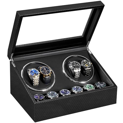 ANWBROAD Watch Winders for Automatic Watches, Automatic Watch Winder with 4 Watches Rotator and 6 Extra Storages, 4 Watch Winder with Japanese Quiet Motor, Carbon Fiber Watch Winders,UJWW012C