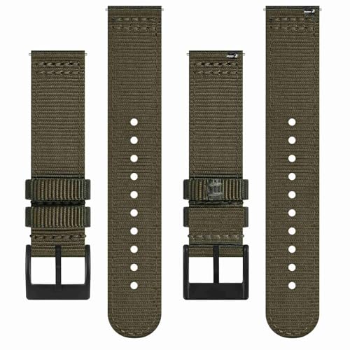 BISONSTRAP Men’s Nylon Watch Bands, Two-Piece Military Watch Straps, Quick Release, Brushed Buckle, 20mm, Army Green (Black Buckle)