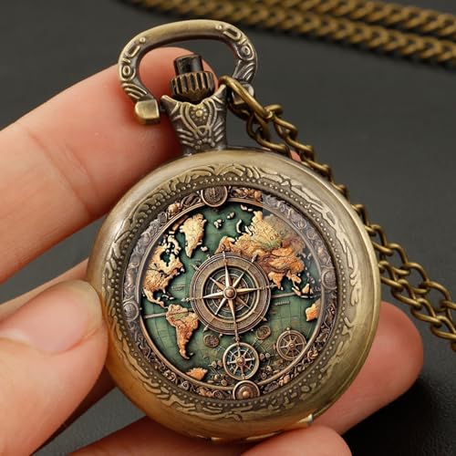 YIHAOYH Vintage Pocket Watch for Women Men Dragon Eagle Crow Design Bronze Quartz Pocket Watches with Chain Pendant Gift with Box (Bronze-map)