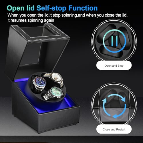 J&T Technology Watch Winder for Automatic Watches,Automatic Watch Winder with LED Light,Rotating Watch Case with Japanese Quiet Motor,4 Rotation Modes,USB Type C