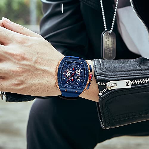MF MINI FOCUS Men's Watch Fashion Tonneau Wrist Watches (Chronograph/Waterproof/Luminous/Calendar) Silicon Strap Quartz Watches for Men (Black & Golden)