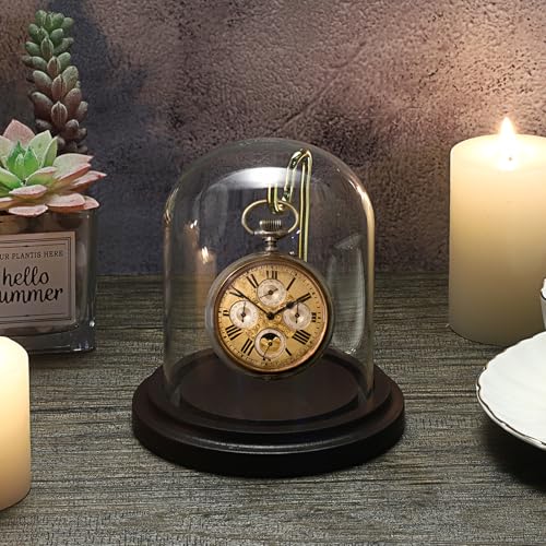 JUXYES Clear Watch Glass Display Dome Cloche With Hook, Dome Cloche with Hook with Wooden Base, Transparent Dome Cloche Bell Terrarium Jar Glass Cloche Bell Jar Display for Watch Ornaments
