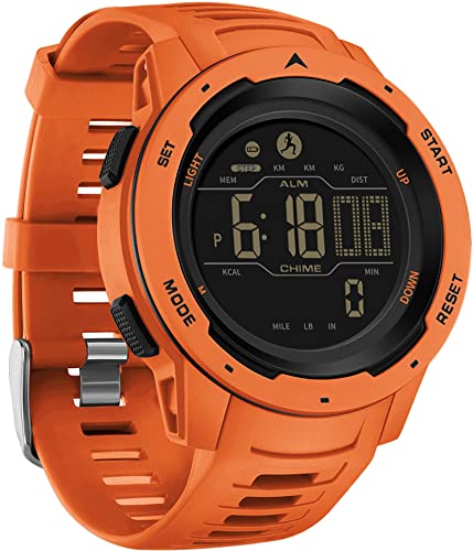 Step Counter Fitness Tracker Watches for Men, Men's Digital Sports Orange Watch IP68 Waterproof with Pedometer Calorie Dual Time Countdown Stopwatch, Tactical Military Outdoor Survival Hiking