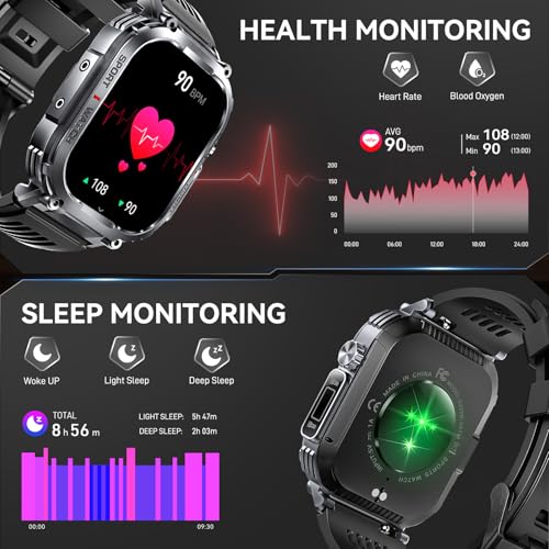 Bassizo Military Smart Watch for Men 3ATM Waterproof with Call/LED Flashlight 2.02" HD Big Screen Rugged Tactical Smartwatch with Compass Fitness Tracker with HR/SPO2/Sleep Monitor for iPhone Android