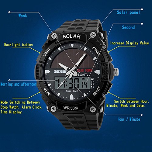 MASTOP Solar Energy Watch led Luminous Indication 2 Time Zone 50m Waterproof Watch(Silver)