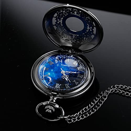 Tiong Exquise Starry Blue Hollow Case Quartz Pocket Watch Roman Numerals Retro Watches Souvenir Men Women Gift