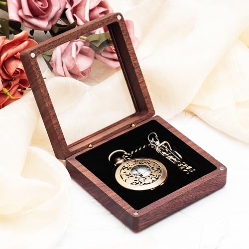 COSISO Walnut Wood Pocket Watch Box with Clear Acrylic Lid Portable Single Pocket Watch Display Storage Travel Case Organizer for Men Women (Contain Chain Clamp Slot)