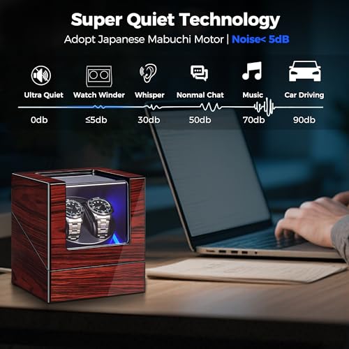 ANWBROAD Watch Winder for Automatic Watches Double with Super Quiet Motor Flexible Watch Pillows LED Backlight Wooden 5 Modes Battery or Type-C Adapter UJWW001Y