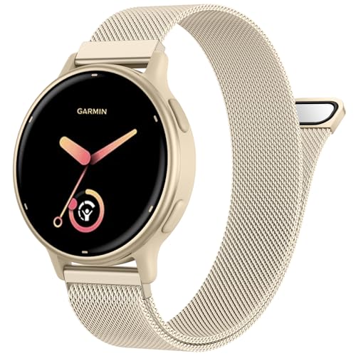 20mm Metal Bands Compatible with Garmin Vivoactive 5/Vivoactive 6/3 Watch Bands, Soft Stainless Steel Strap Replacement Wristband for Venu Sq 2/ Forerunner 55/245 Watch Band Women Men, Champagne