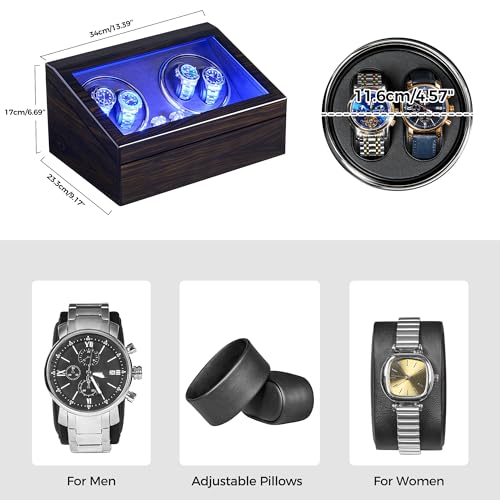 ANWBROAD Watch Winder for Automatic Watches 4 Watch Rotator and 6 Extra Storages with Super Quiet Motor LED Backlight Piano Paint Watch Shaker 4 Rotating Modes USB UJWW002E