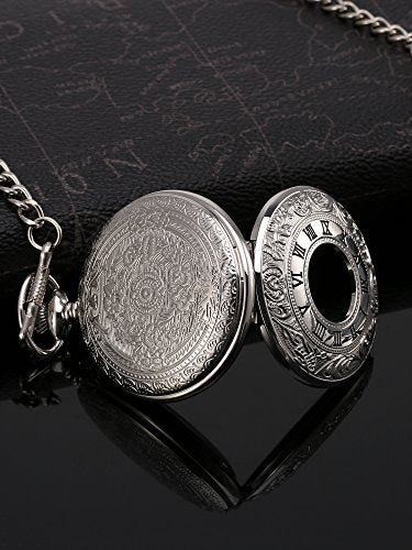 Hicarer Vintage Pocket Watch Steel Men Watch with Chain (Silver)