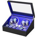 ANWBROAD Watch Winder for Automatic Watches 4 Watch Rotator and 6 Extra Storages with Super Quiet Motor and LED Backlight Turner Carbon Fiber Shaker 5 Rotating Modes UJWW002F