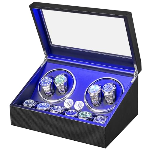 ANWBROAD Watch Winder for Automatic Watches 4 Watch Rotator and 6 Extra Storages with Super Quiet Motor and LED Backlight Turner Carbon Fiber Shaker 5 Rotating Modes UJWW002F