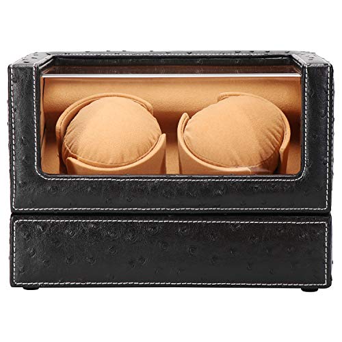 DRIKLUX Double Watch Winder for Rolex and Other Luxury Watches - Automatic Winder with Quiet Motor, Premium Black Ostrich Leather Exterior and Soft Flexible Watch Pillows of Camel Velvet