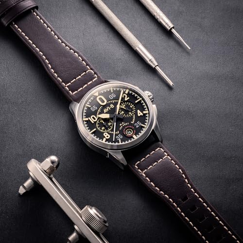 AVI-8 Mens 42mm Spitfire Lock Chronograph Midnight Oak Japanese Quartz Pilot Watch with Leather Strap AV-4089-01