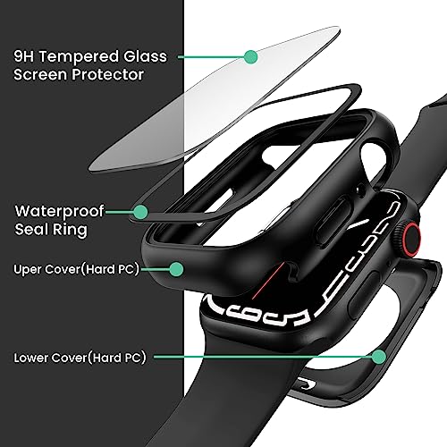 3 in 1 Goton Waterproof Hard Case for Apple Watch Screen Protector 44mm, 360° Slim Full Protective Tempered Glass Face Cover + Back Hard PC Bumper for iWatch SE 3/SE 2/SE, Series 6/5/4,44mm MatteBlack