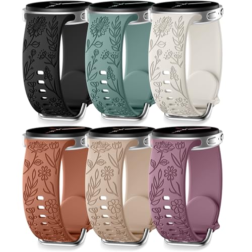 SNBLK Floral Engraved Bands Compatible with Galaxy Watch 8 Band 40mm 44mm/Galaxy Watch 8 Classic Band 46mm, 6 Pack Cute Flower Soft Silicone Sport Replacement Strap for Samsung Watch 8 Bands Women Men