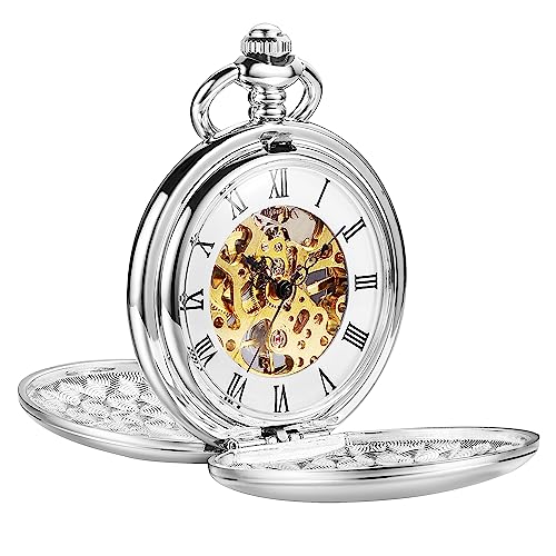ShoppeWatch Men’s Silver Pocket Watch with Chain | Hand Winding Vintage Pocket Watch | Classic Mechanical Movement Pocketwatch | 1920s Railroad Steampunk Costume Accessory PW20