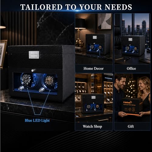 Lieinw Automatic Watch Winder for Rolex and Auto Watches, Leather Double Winding Watch Box + 6 Storage Slots with Japanese Quiet Motor & Blue LED, Rotating Watch Case Used for Storage, Display & Gifts