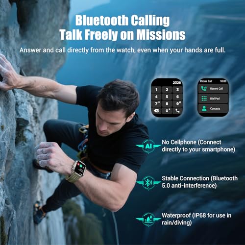 Military Tactical Smart Watches for Men, 100-Day Battery Rugged Fitness Watch with Compass & Flashlight, Sports Watch for Android with 2.01" HD Display AI Voice, IP68 Waterproof Smartwatch (Black)