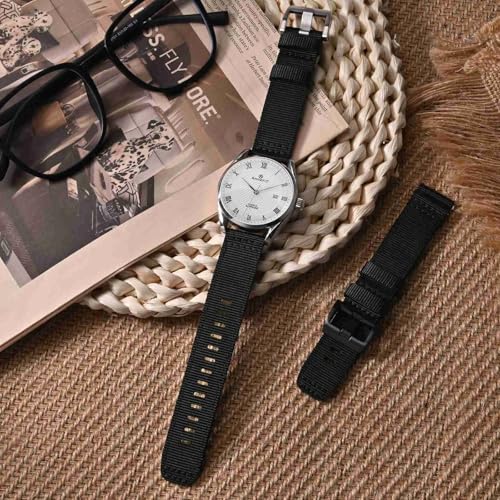 ANNEFIT Quick Release Watch Bands 20mm, Military Nylon Watch Strap for Men, Heavy Duty Stainless Steel Brushed Silver Buckle (Black)