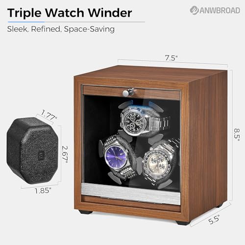 ANWBROAD Watch Winder for Automatic Watches, Wooden 3 Watch Winders, 4 Modes Automatic Watch Winder Box with Quiet Japan Motor, LED Watch Spinner with Foam Pillows, AC Adapter for Man UJWW013M