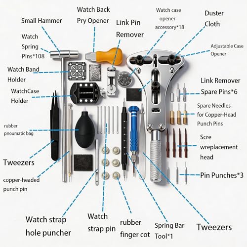 MARVLLGGOSO Professional Watch Repair Kit with Watch Battery Replacement Tools, Watch Link Removal Kit, Including Spring Bars Tool with Scale, 5-in-1 Precision Screwdriver, Adjustable Back Case Opener,Pry Tool, Spring Bar,Tweezer