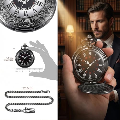 MJSCPHBJK Vintage Pocket Watch for Men Roman Numerals Scale Quartz Pocket Watches with Chain for Xmas Fathers Day Gift