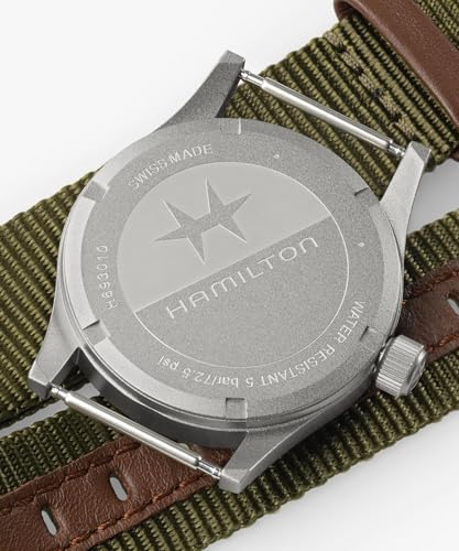 Hamilton Khaki Field Khaki Quartz Men's Watch, 33mm Stainless Steel Case, Swiss Made, Green Dial Analog Wrist Watch for Men, 50m Waterproof, Sapphire Crystal, Textile Strap