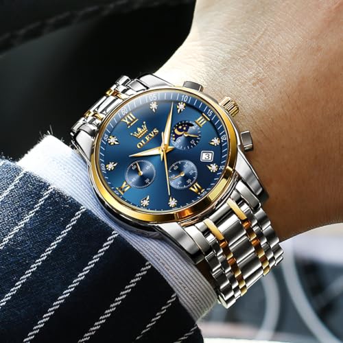 OLEVS Watch for Men Diamond Business Dress Analog Quartz Stainless Steel Waterproof Luminous Date Two Tone Luxury Casual Wrist Watch Blue