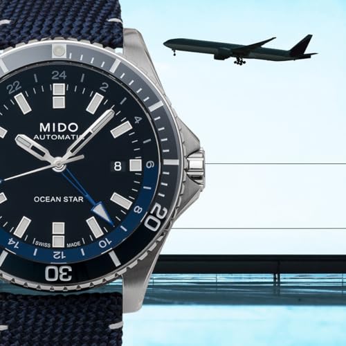 MIDO Ocean Star GMT - Swiss Automatic Watch for Men - 44mm Stainless Steel Case with Black Ceramic Rotating Bezel - Black Dial - Blue Fabric Strap - M0266291705100