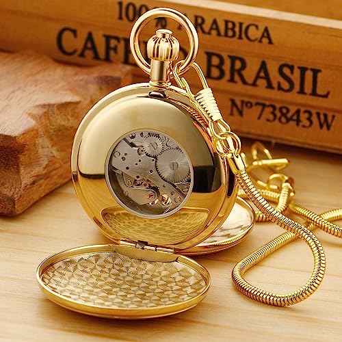 Whodoit Gold Smooth Shield Double Cover Men's Mechanical Pocket Watch, Double Cover Roman Moonlight Design Dial Chain Pocket Watch for Men