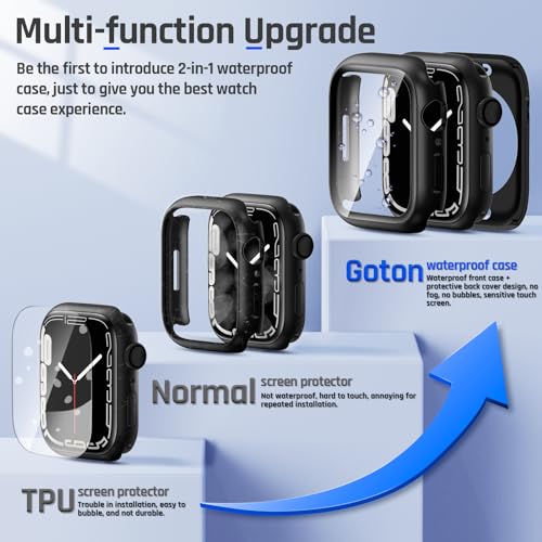 Goton 2 in 1 Waterproof Case for Apple Watch Series 9 8 7 Screen Protector 45mm, 360 Protective Glass Face Cover Hard PC Bumper + Back Frame for iWatch Accessories 45 mm
