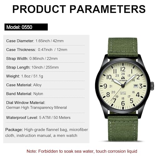 LN LENQIN Mens Watches Unisex Military Sport Nylon Strap Stylish Luminous Fashion Analog Quartz Watch for Men Waterproof Army Tactical Casual Wristwatch