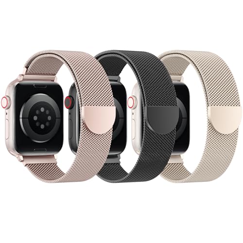 BELONGME 3 Pack Mesh Loop Compatible with Apple Watch Bands for Women Men 40mm 41mm 38mm 42mm 44mm 45mm 49mm 46mm Series 11 10 9 8 7 6 5 4 Ultra3 SE3 2, Stainless Steel Metal Magnetic Strap for iWatch