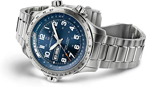 Hamilton Khaki Aviation Automatic Men's Watch, 45mm Stainless Steel Case, Swiss Made, Blue Dial Analog Wrist Watch for Men, 100m Waterproof, Sapphire Crystal, 3-Hand Movement, Stainless Steel Strap